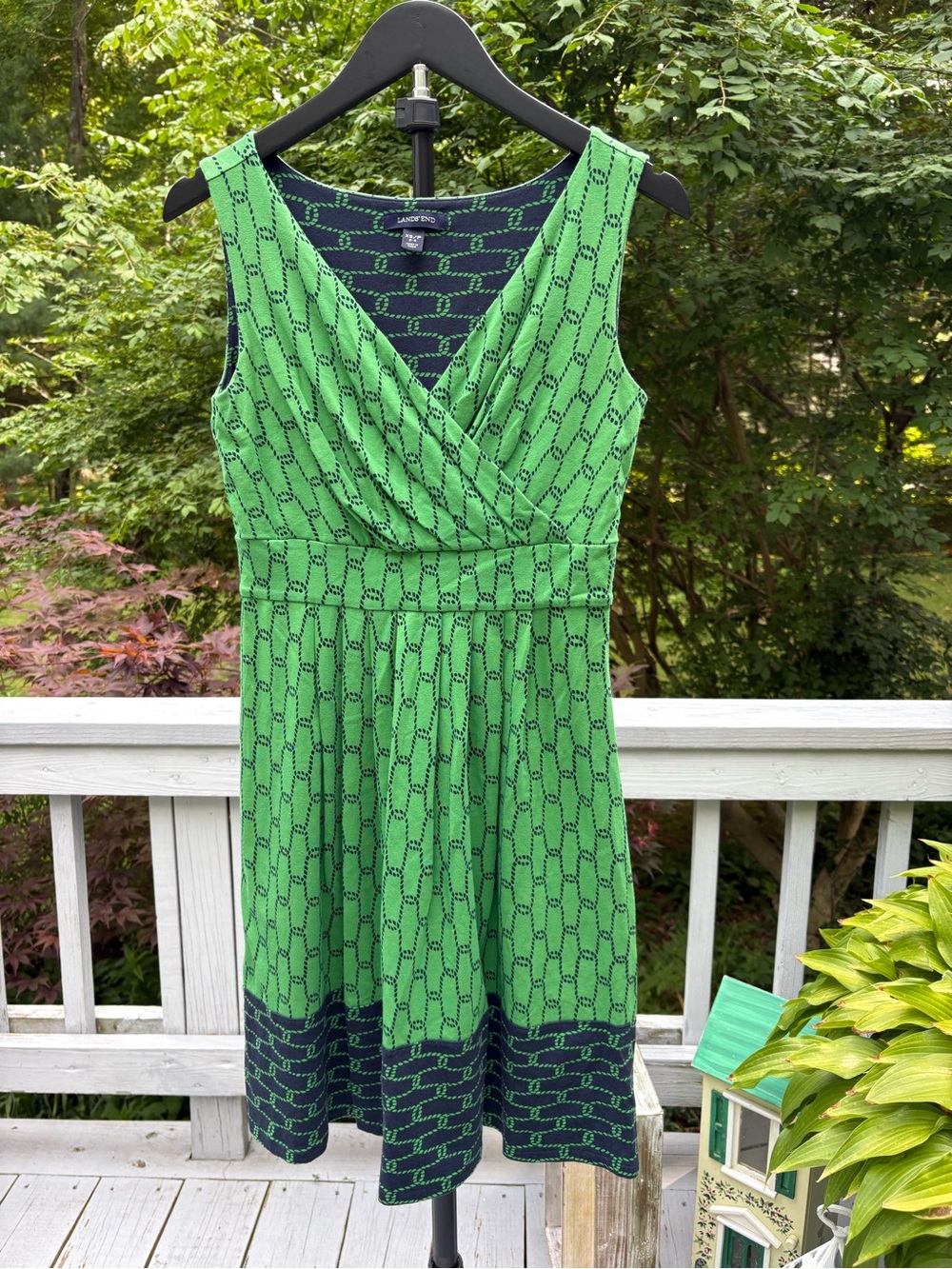 Lands' End Green and Navy Patterned Sleeveless Midi Dress